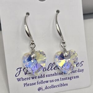 Swarovski Crystal Elements Silver Earrings Heart Dangle 1.5 inch Prom Bridal